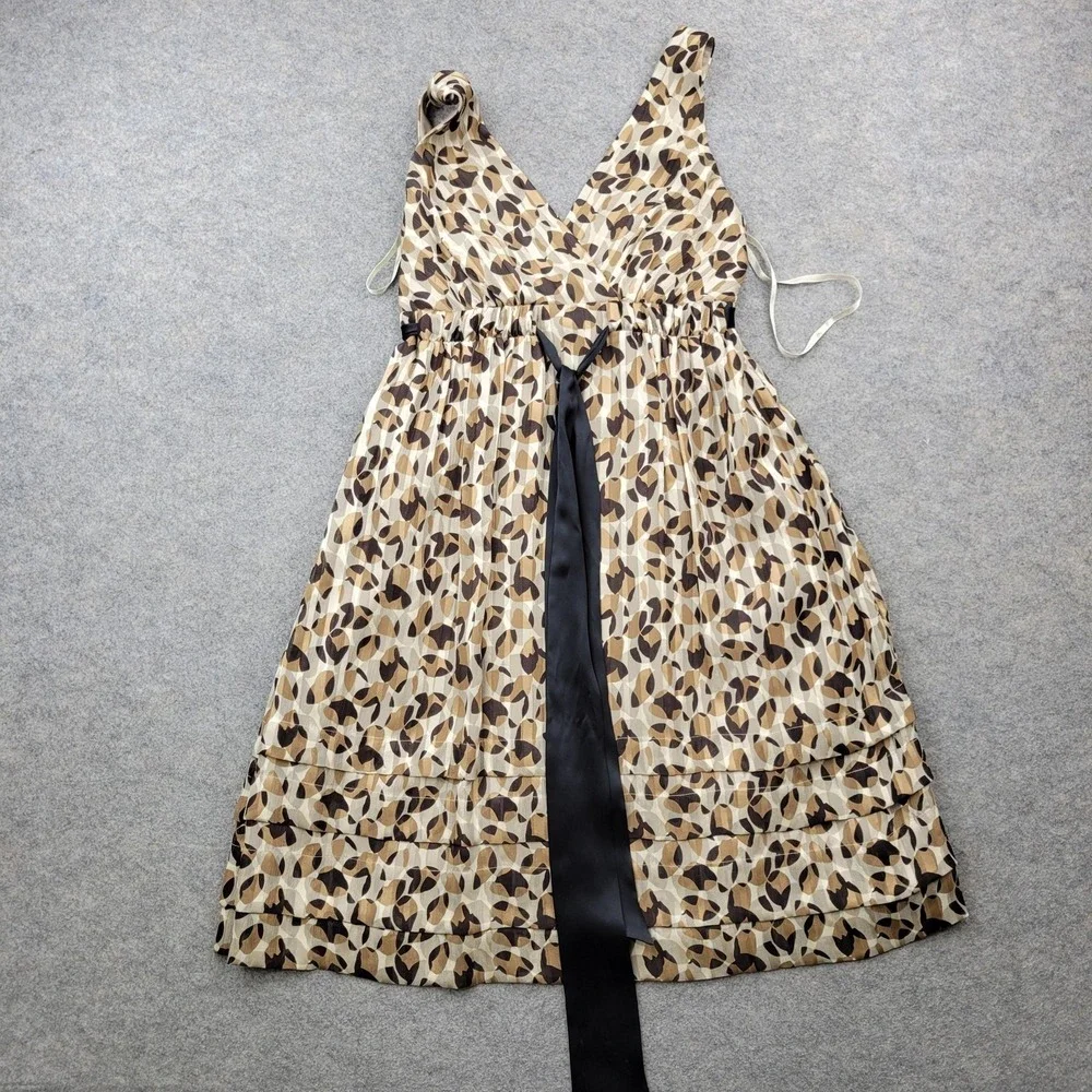 BCBGMAXAZRIA Dress Womens 2 Beige Animal Print Silk‎ Sleeveless V Neck Fit Flare